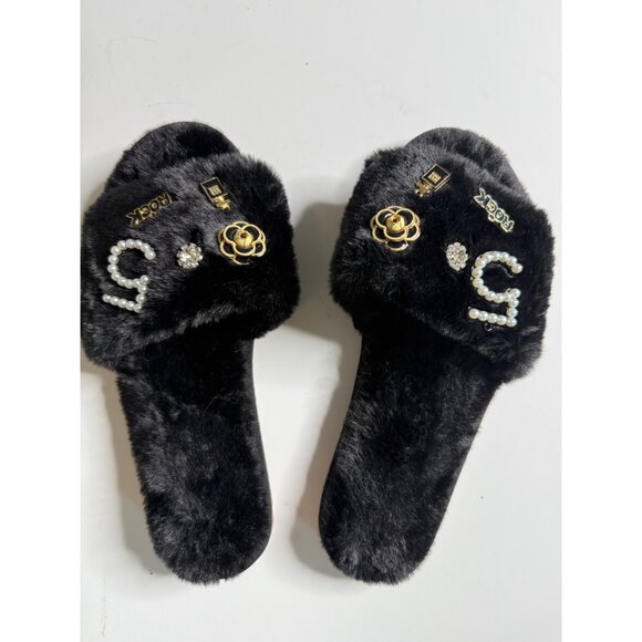 Black Faux Fur Slides W/ Pearl & Gold Embellishments Womens - Picture 7 of 7